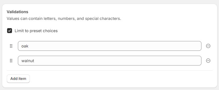 crearte shopify metafields: limit to preset choices