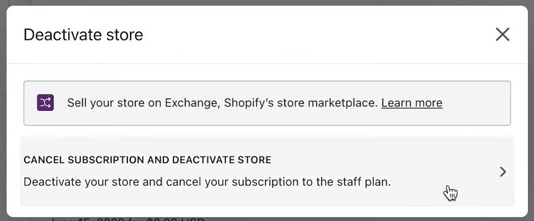 How to cancel Shopify subscription: deactivate store popup 