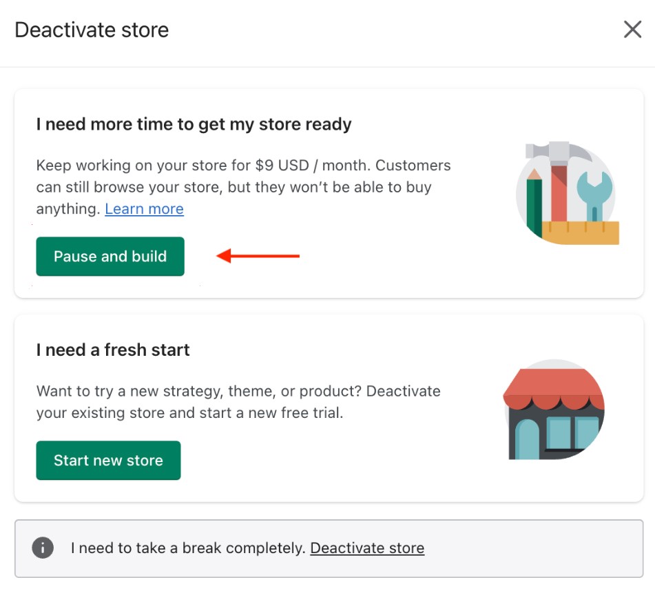 How to cancel Shopify subscription: Pause and Build plan 