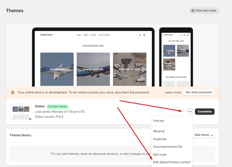 how to remove powered by shopify: choose edit default theme content