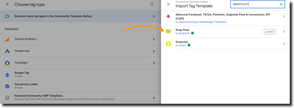 Import Snapchat Pixel from the template gallery