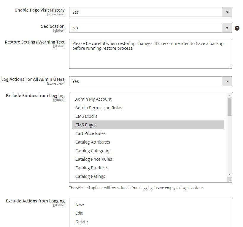 Magento 2 admin actions log general settings