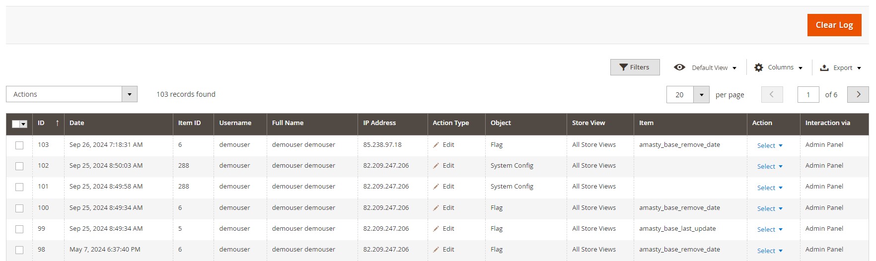 Magento 2 admin activity log: actions log page