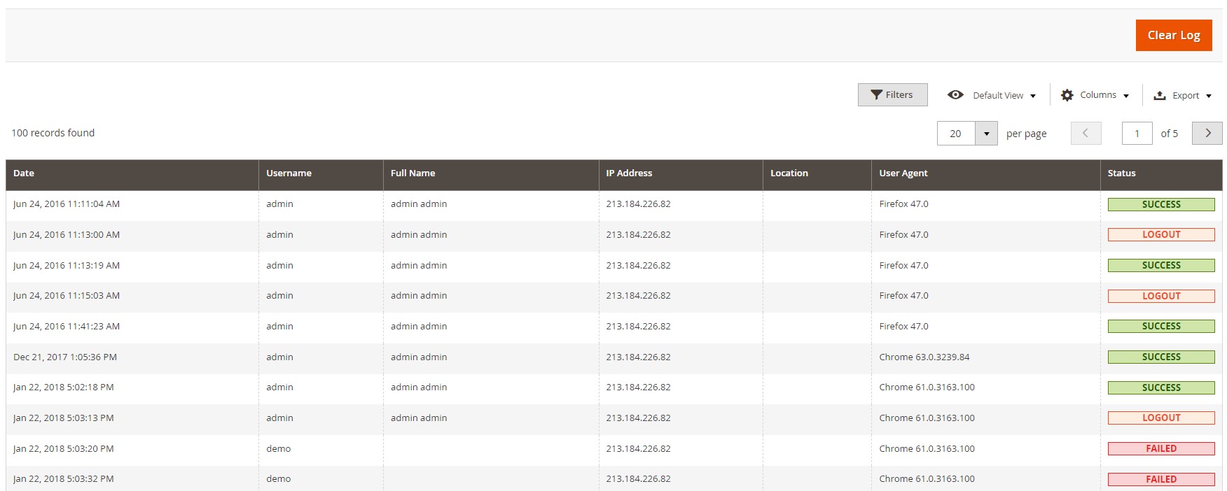 Magento 2 admin activity log: login attempts