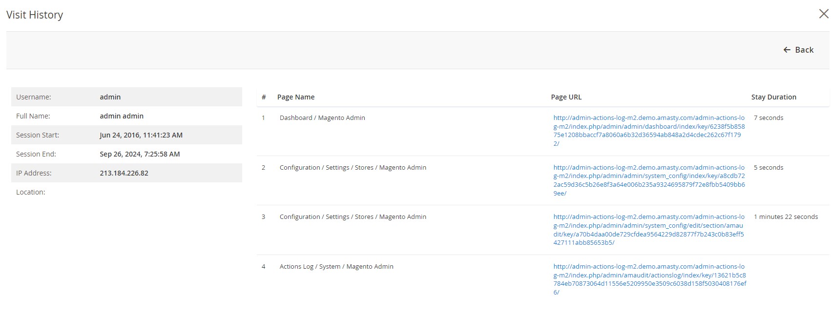 Magento 2 admin activity log: show visit history