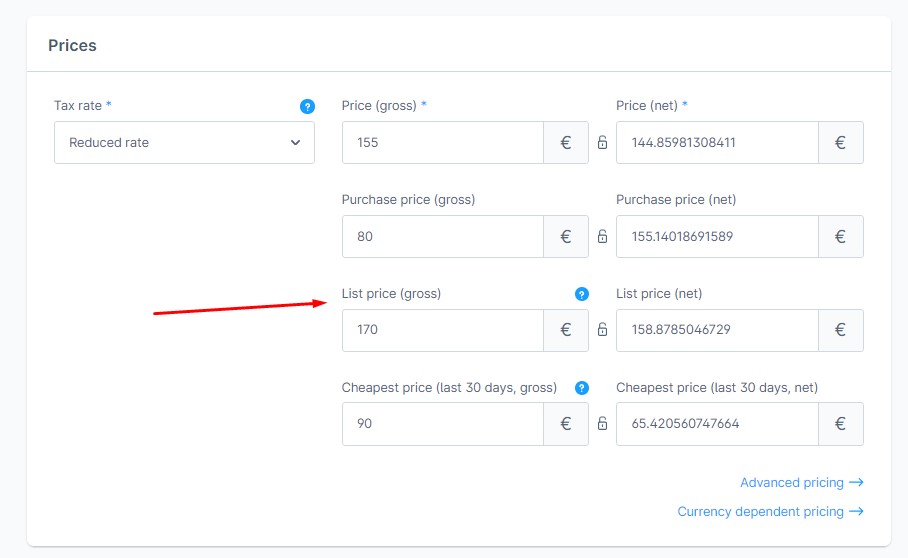 Shopware List price, MSRP, RRP, SRP