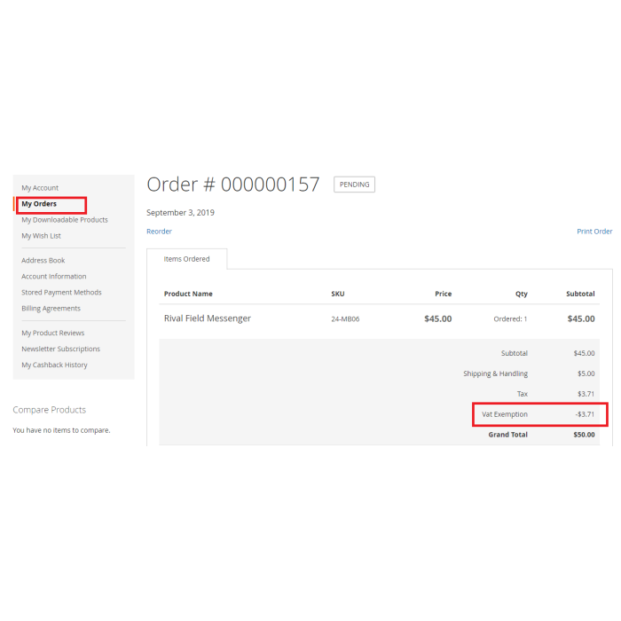 VAT Exempt Discount On The Front-end Under My Account View Order Section