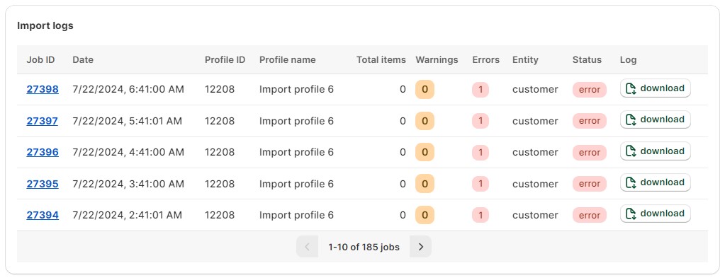 screenshot showing Import & Export Tool for Shopify and its import logs