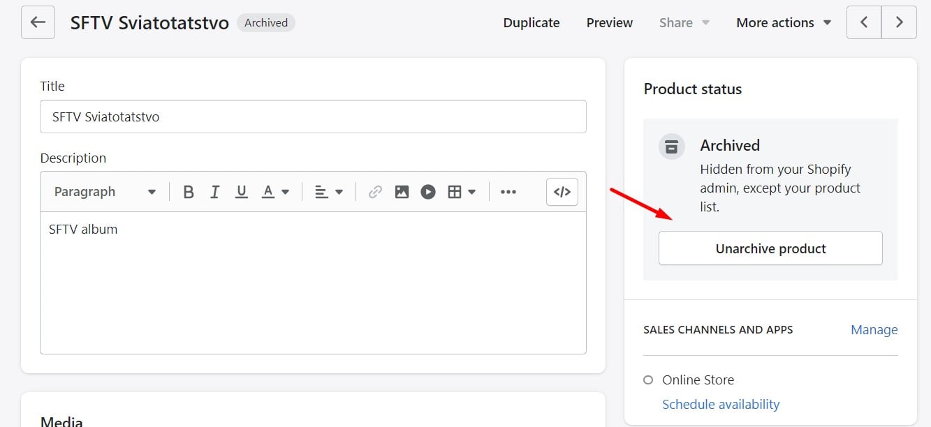 screenshot showing How to unarchive products in Shopify