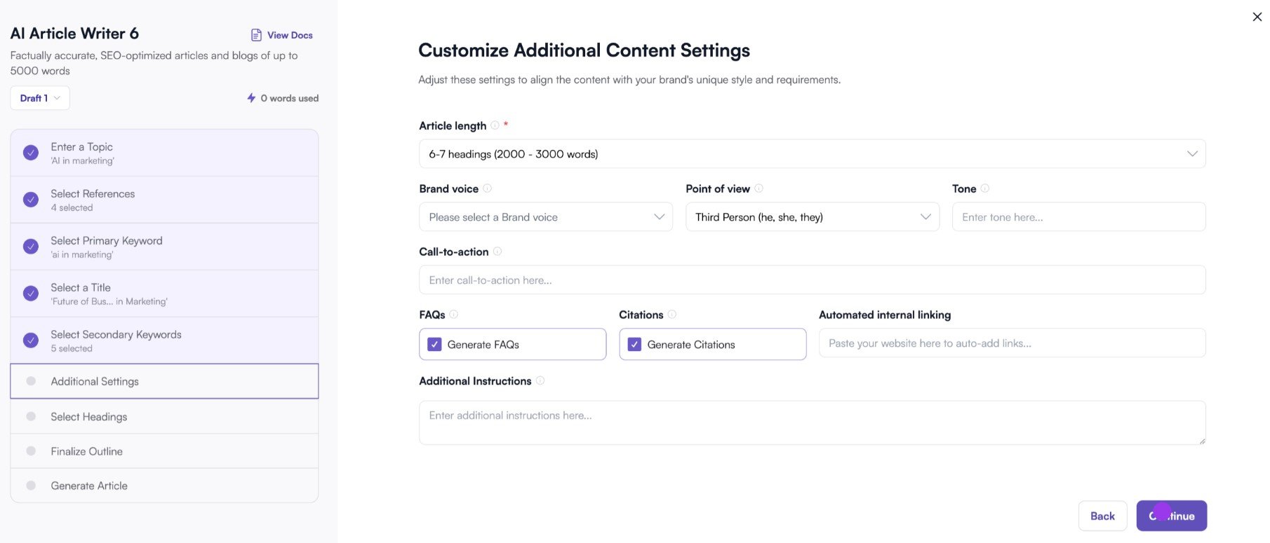 screenshot of writesonic ai article writer additional settings