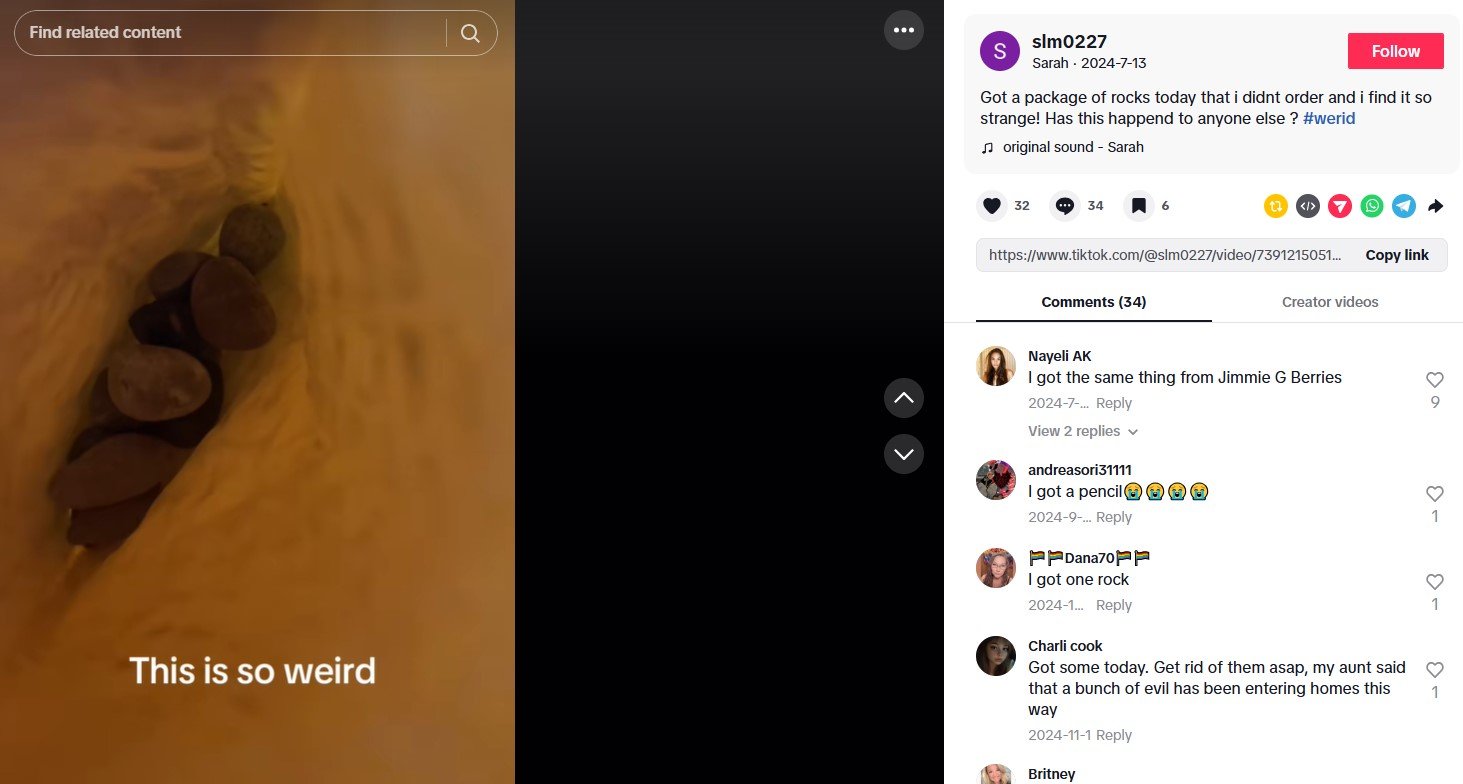 screenshot of a TikTok video with unpacking an envelop with pebbles and comments of people receiving unordered items presumably with Shopify-EP tracking