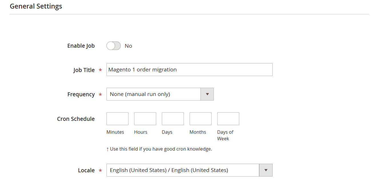 Screenshot of Improved Import and Export Extension import job's general settings - second step to Migrate Orders from Magento 1 to Magento 2