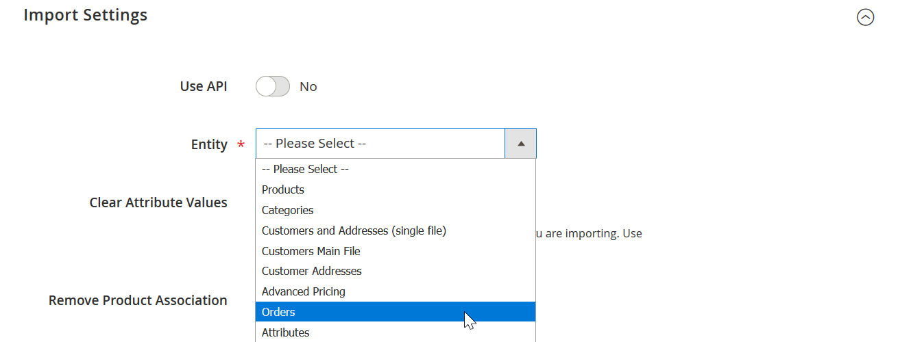 Screenshot of Improved Import and Export Extension import job's import settings - second step to Migrate Orders from Magento 1 to Magento 2