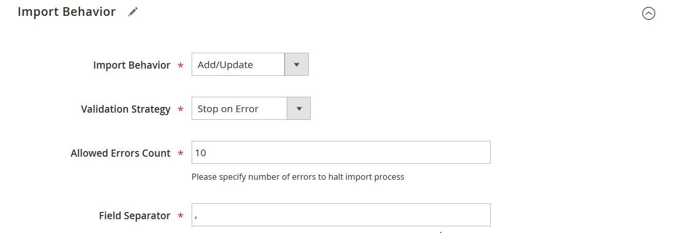 Screenshot of Improved Import and Export Extension import job's import behaviour - second step to Migrate Orders from Magento 1 to Magento 2