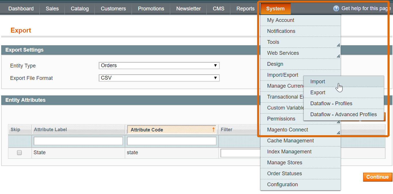 screenshot of order export job in improved import and export for Magento 1 - first step to Migrate Orders from Magento 1 to Magento 2