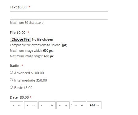 screenshot of a product page with 4 types of Magento 2 customizable options