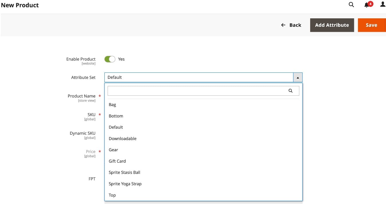 Magento 2 admin panel interface for creating a new bundle product - configuration of default product settings