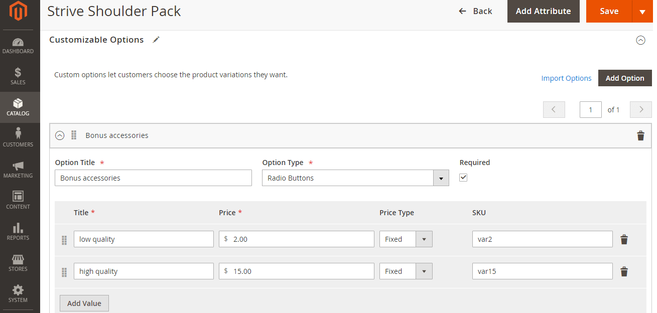 screenshot of a product with custom options in the admin where you can add and edit magento 2 product custom options
