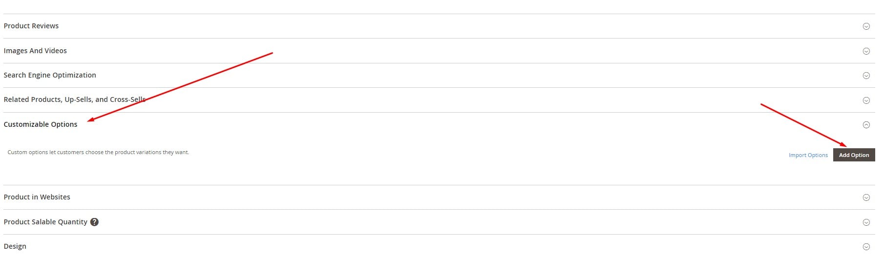 screenshot of a Magento 2 customizable options section in the admin where you can add new custom option