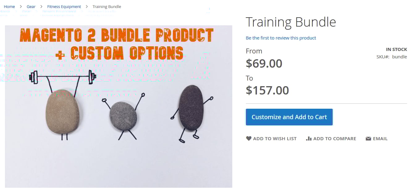 illustrative image for the Magento 2 Bundle Product with Custom Options guide with a bundle product page screenshot and the corresponding orange text above it