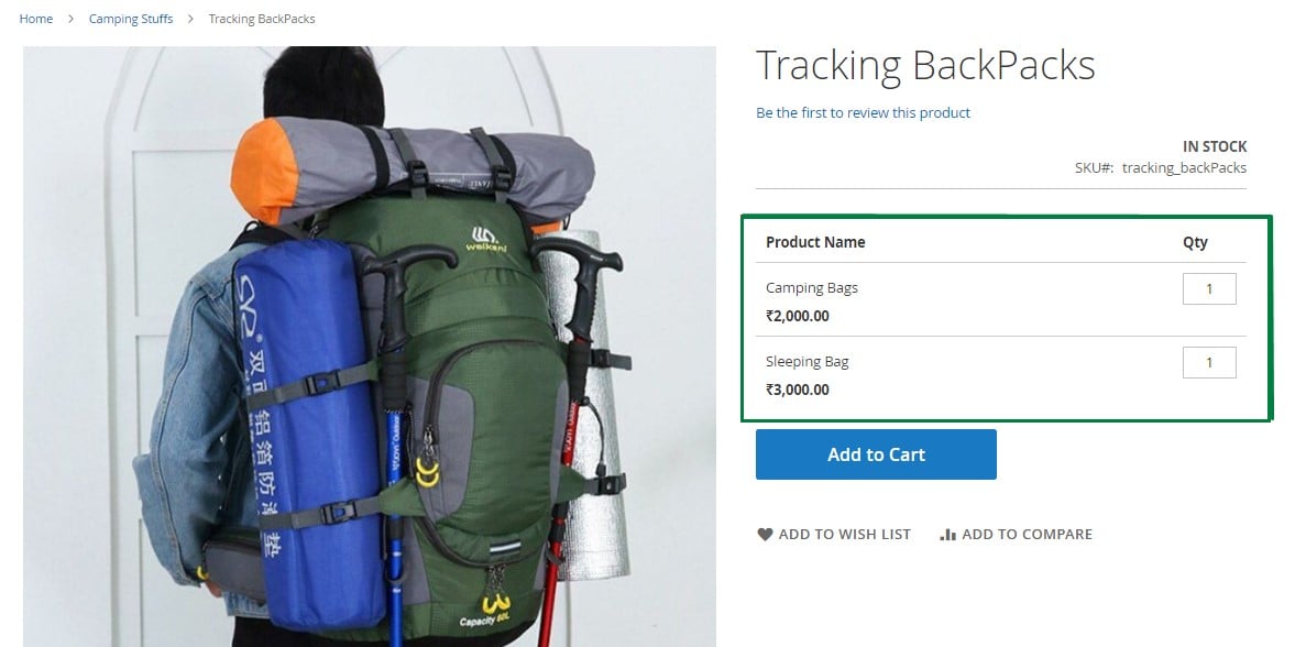 screenshot of a Magento grouped product called tracking backpackthat includes a camping bag and a sleeping bag