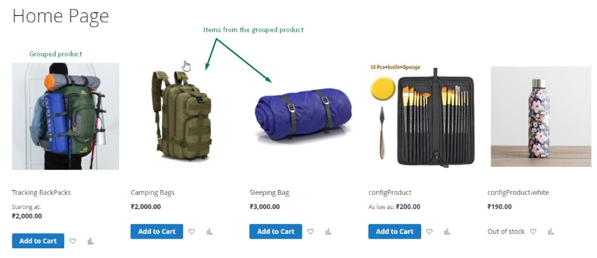 Magento 2 grouped product on a home page along with simple products that create the grouped product