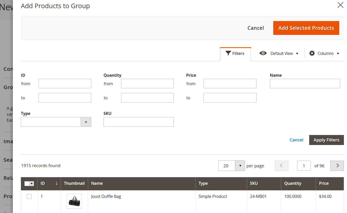 screenshot that shows how to add simple products to a grouped product in magento 2 using filters