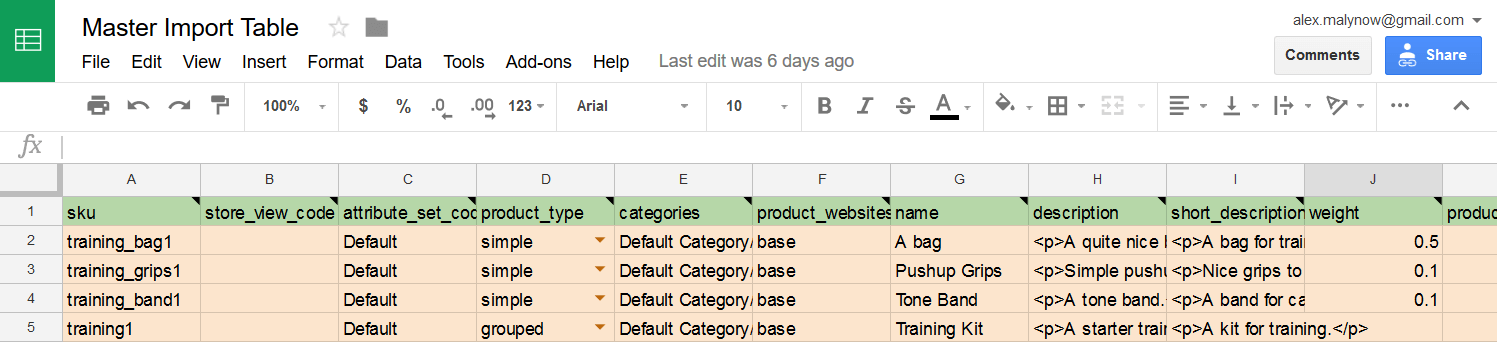 screenshot of Magento 2 Grouped Product attributes in a master import table by firebear