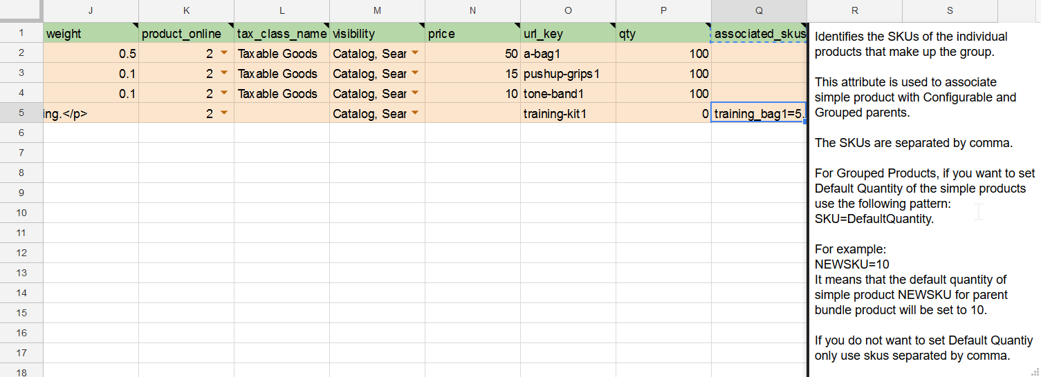 screenshot of Magento 2 Grouped Product attributes in a master import table by firebear with the associated SKUs column described