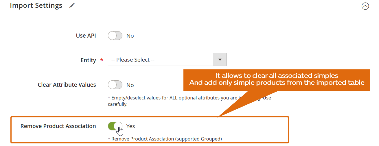 screenshot of advanced Magento 2 grouped product import with Improved Import & Export that shows how to remove product association during Magento 2 Grouped Product import