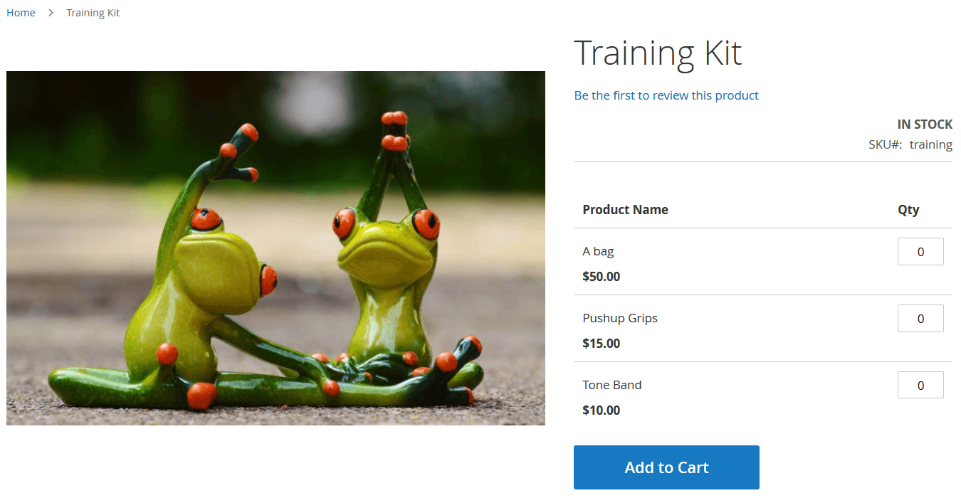 illustrative image for the Magento 2 Grouped Product guide with a grouped product page on a magento website that contains three products: bag, push grips, and tone band