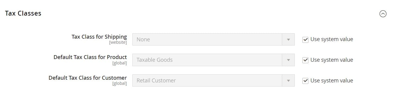 Configuration of Magento 2 Tax Classes for shipping, products, customers in the admin settings