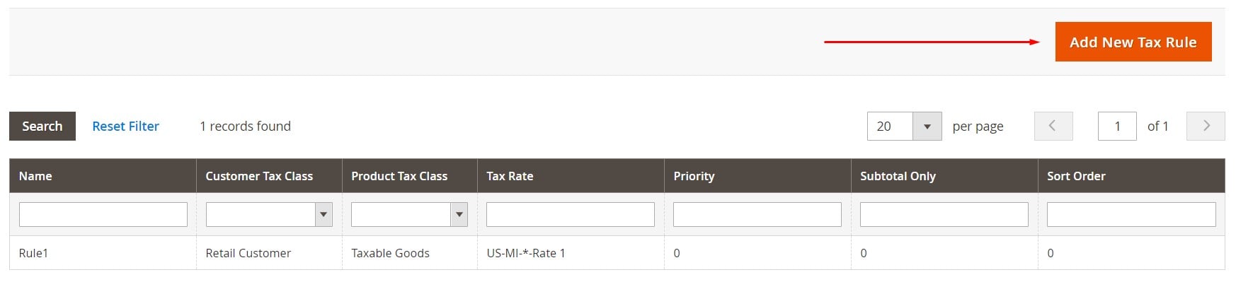 screenshot of Magento 2 Tax Rules screen where you can add a new tax rule