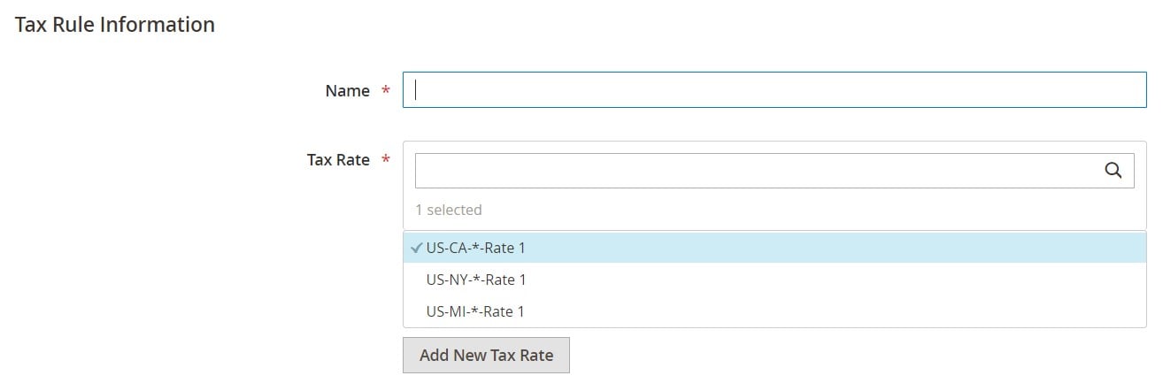 screenshot that shows how to add Magento 2 Tax Rules at the stage of filling in tax rule information