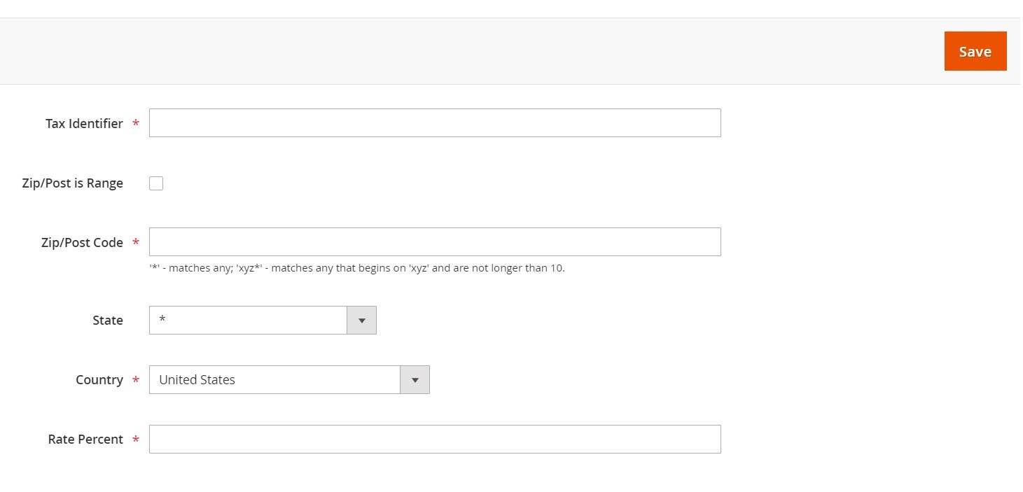 screenshot that shows Magento 2 Tax configuration when you add a new Rule and specify the information necessary to create a new tax rate