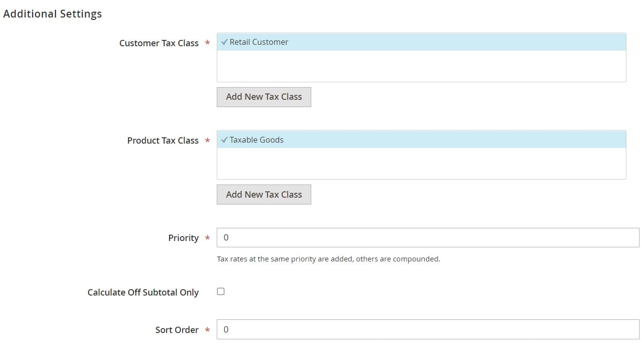 screenshot that shows Magento 2 Tax configuration when you add a new Rule and specify the information necessary to create a new tax rate - its additional settings, including customer tax class, product tax class, priority, sort order, etc.