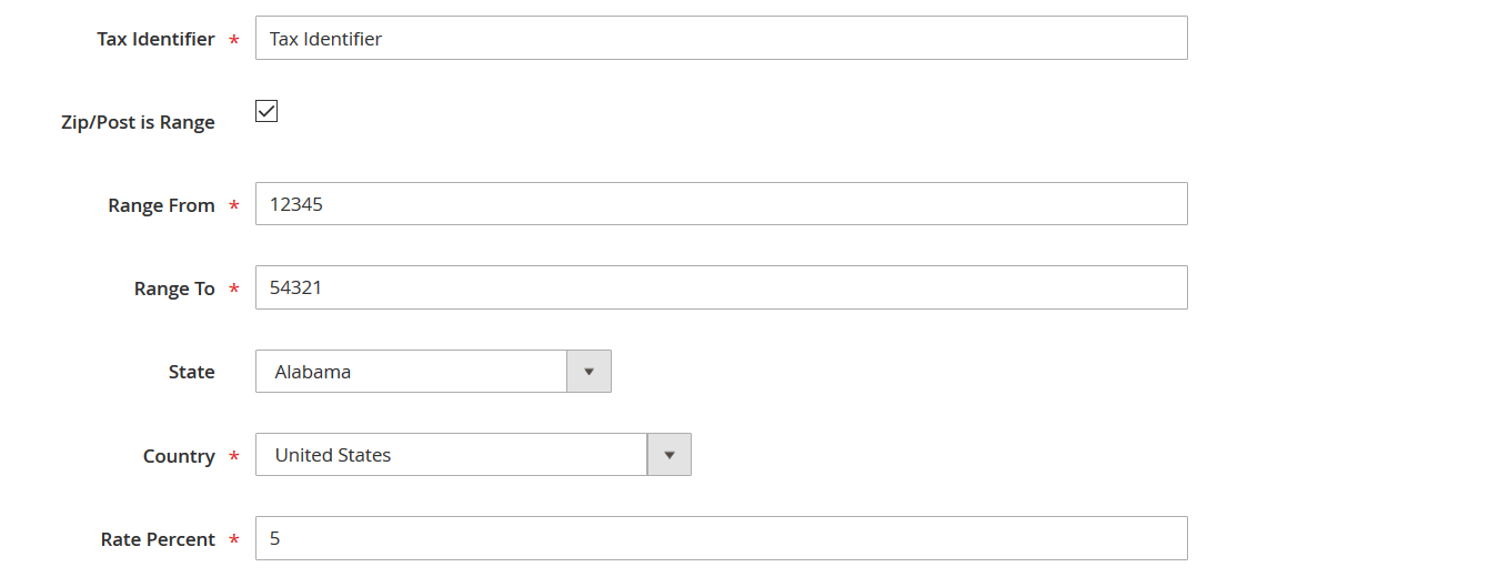 screenshot showing how to add a Magento 2 Tax rate: specify tax identifier, zip is/is not a range, range from to, state, country, rate percent