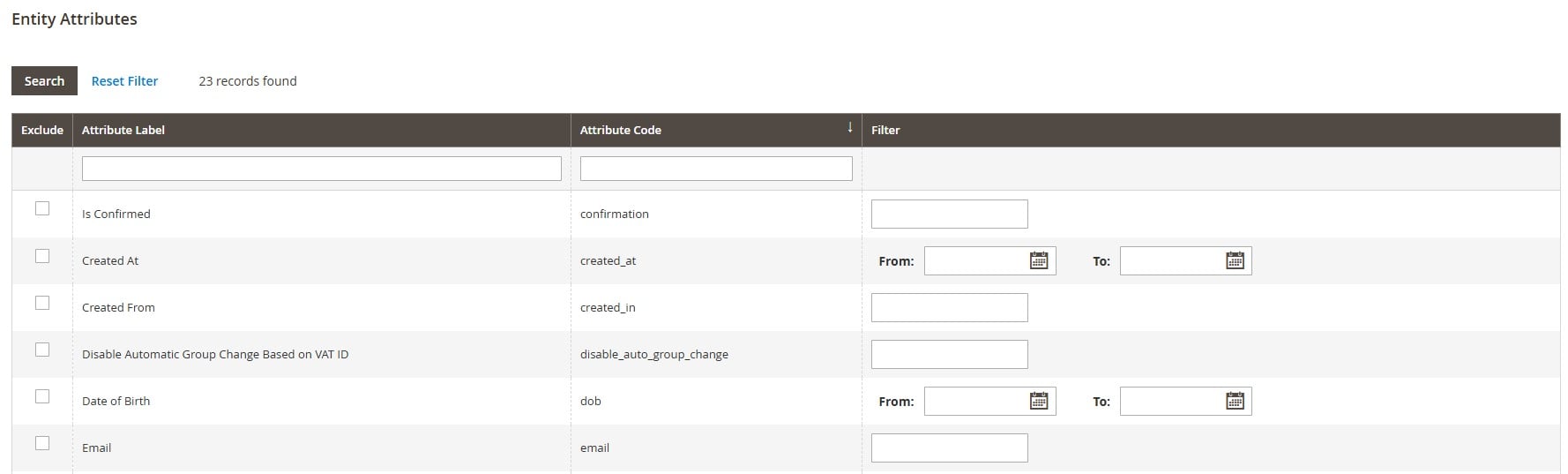 screenshot of the default customer export workflow in magento 2 with entity attributes grid displayed