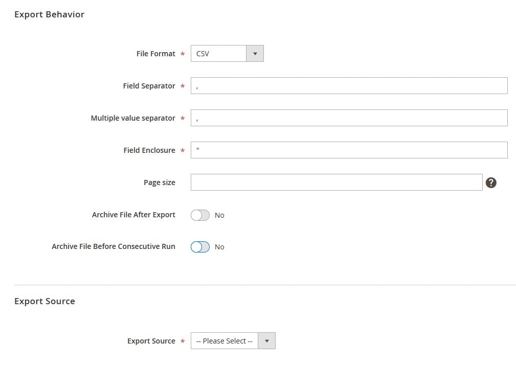 specify file format, source, and other parameters for customer export in Magento 2 with improved import & export