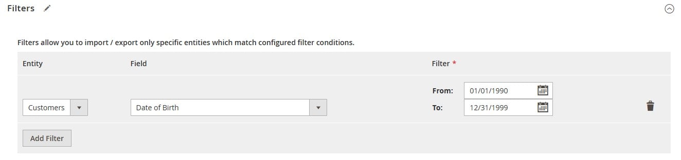 Filter that exports customers from Magento 2 born in 90s