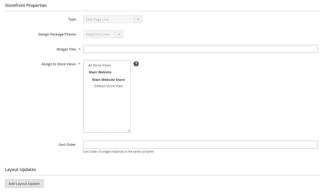 Magento 2 CMS widget storefront properties: title, store views, sort order