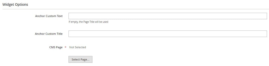 Magento 2 CMS widget options: anchor custom text and title, related CMS page