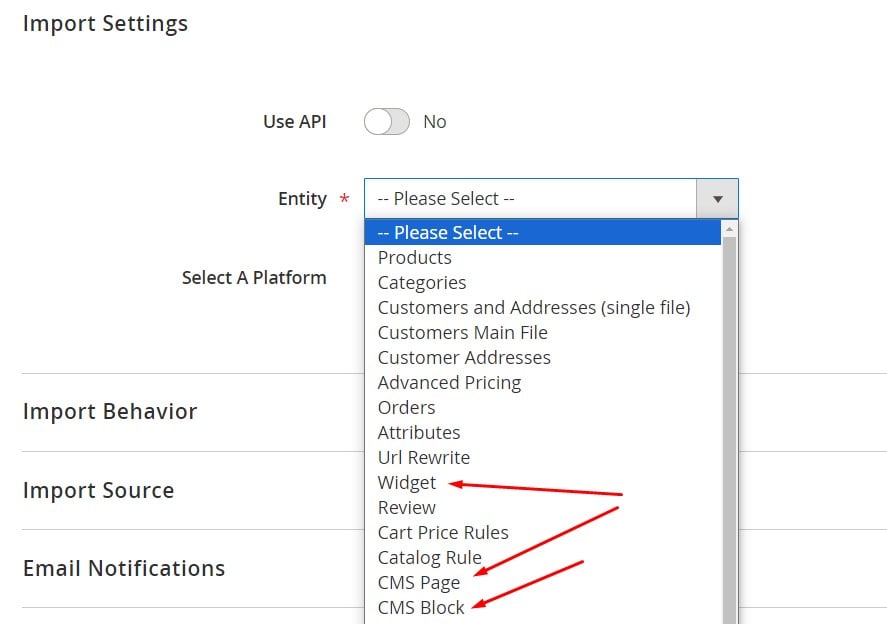 Select an entity for Magento 2 CMS import with Improved Import & Export extension: Widget, Page or Block