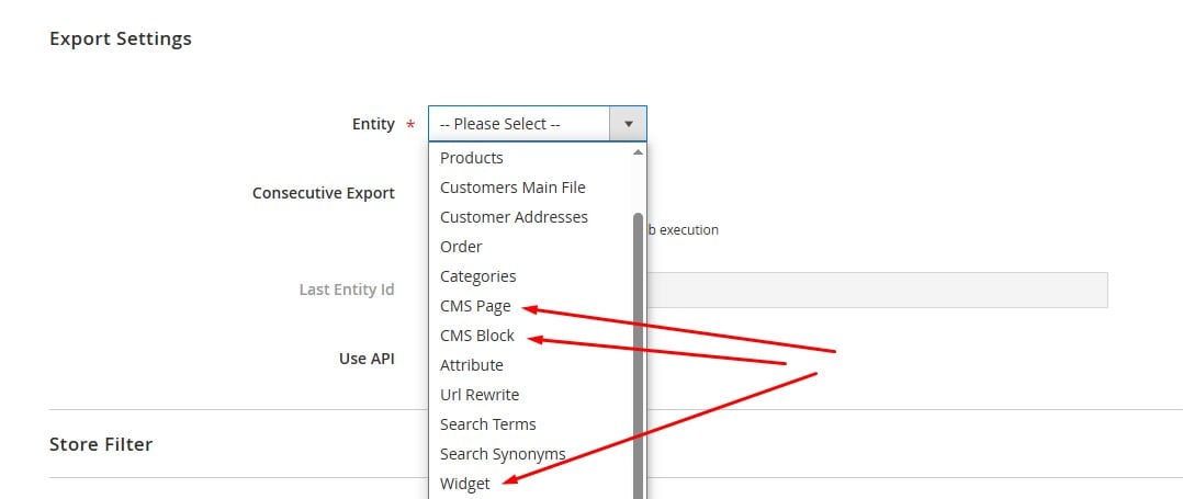 screenshot showing entity selection in Magento CMS export: pages, widgets and blocks