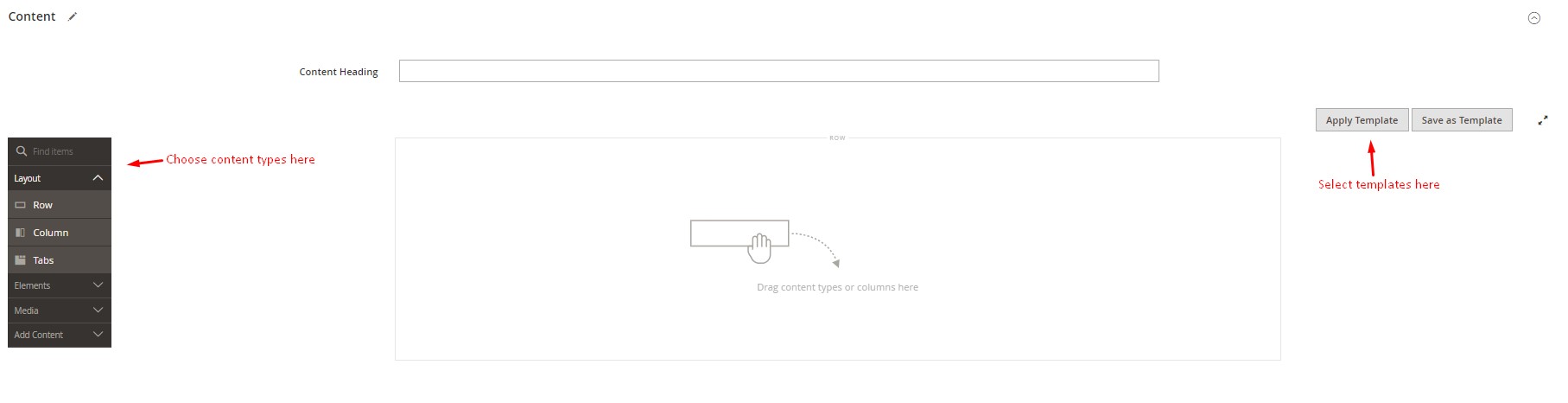 image showing how to Add content to a Magento 2 CMS Page using the WYSIWYG editor or insert layout templates 