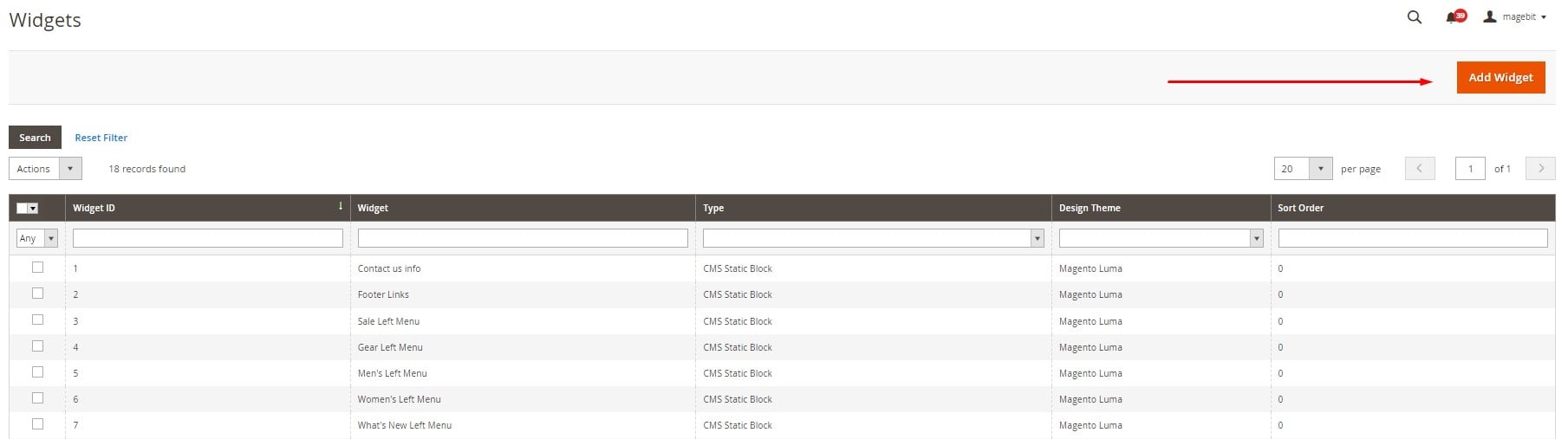 how to add a new Magento 2 CMS widget in the admin