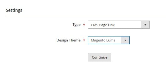 Magento 2 CMS widget settings: type and design theme