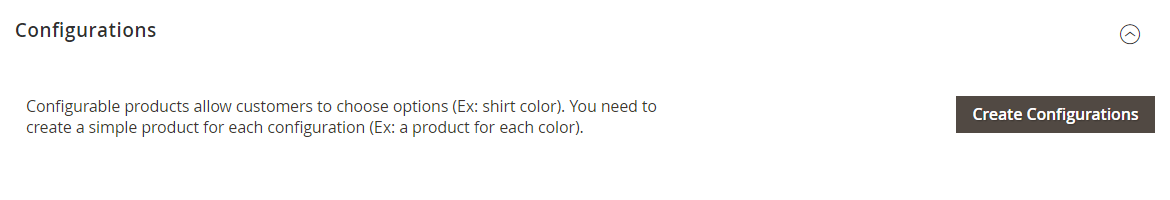 After filling in general product details like name, SKU, and description — just as you would for a simple product — scroll down to the Configurations section where you add child products or variations to a configurable product in Magento 2