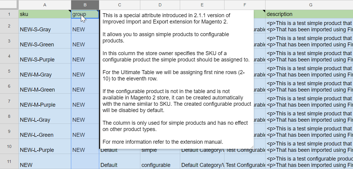 a CSV for importing configurable products to Magento 2 with the group column used by IIE extension