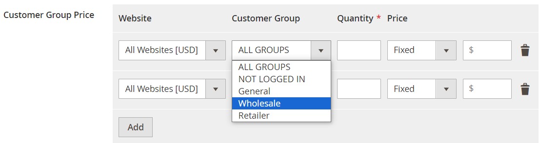 magento 2 tier price detailed configuration for a configurable product with customer group, website, quantity, and price selection